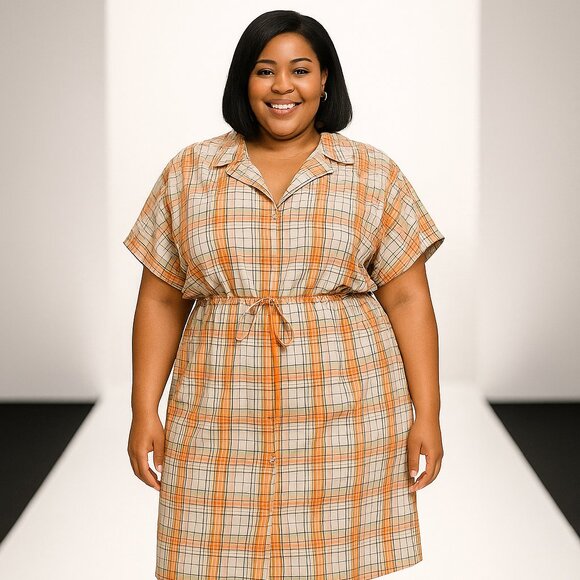 Plaid Drawstring Dress - Casual Collared Short Sleeve Button Down with Pocket - Picture 1 of 8